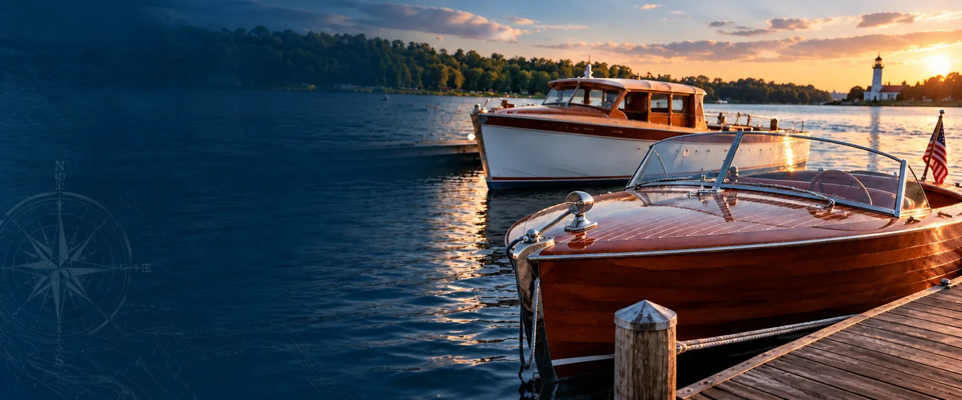 Classic wooden boats on the water