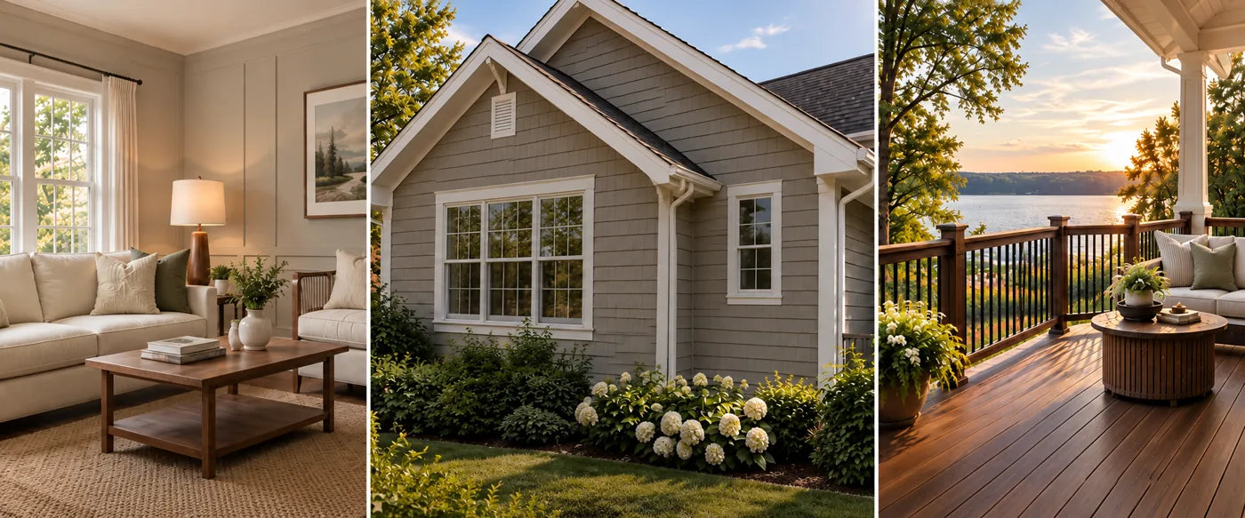 Painted home exterior and residential living spaces